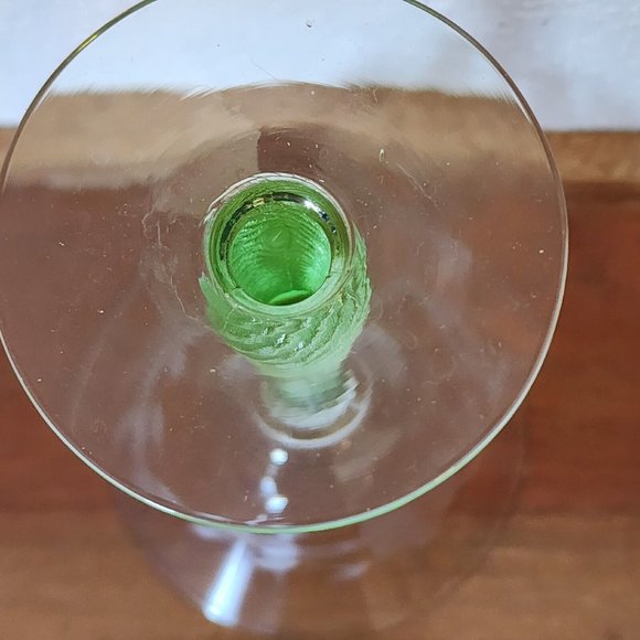 Weston Green Vaseline Stem Floral Stripe Etched Cordial 5.5" Depression Glass - Picture 7 of 12